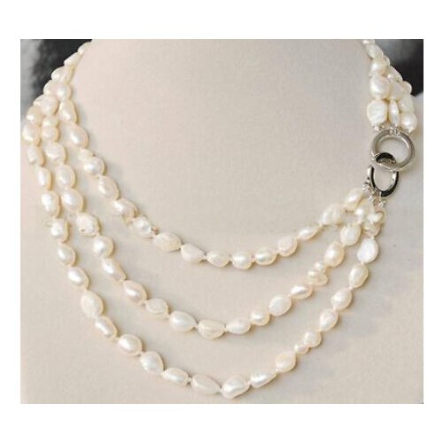 NEW 3 Rows 8-9mm real baroque white freshwater pearl jewelry necklace 17-20