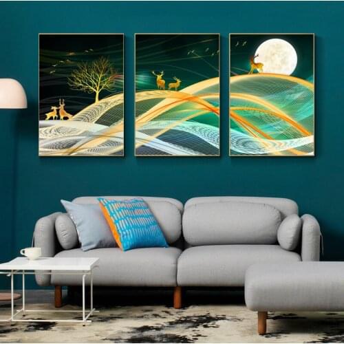 Golden Deer Birds Nordic Poster Landscape Abstract Canvas Painting Wall Art print Decorative Pictures for Living Room Home Decor