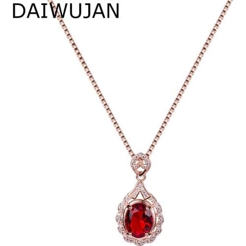 DAIWUJAN Luxury Crystal Water Drop Ruby Pendant Necklaces Mirco Pave Zircon Choker Necklace For Women Engagement Wedding Jewelry