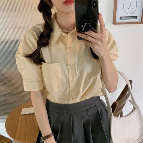 Backless Hollow Summer Shirts Women Korean Casual Designer Short Sleeve Striped Shirt Tops Pockets Lace Up 100% Cotton