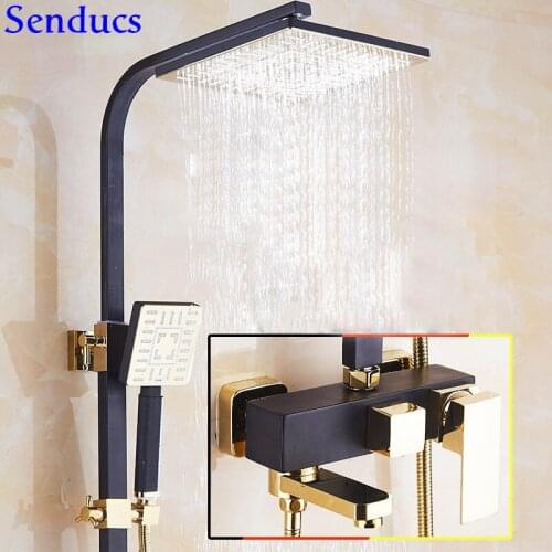 Senducs Black Gold Shower System Single Handle Brass Bathroom Bathroom Shower Mixer Tap Hot Selling Black Bathroom Shower Set