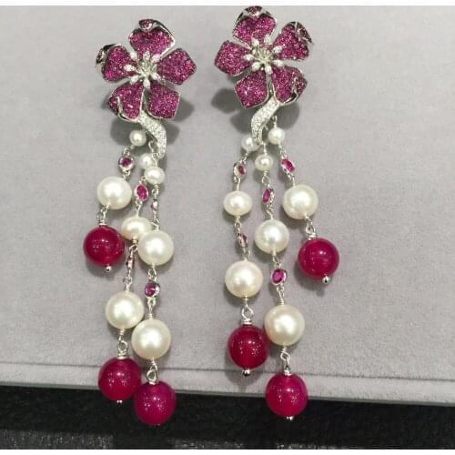 Natural fresh water pearl tassels drop earring 925 sterling silver with chalcedony flower drop earring fine women jewelry