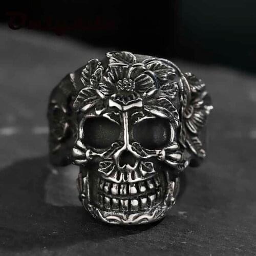 Unique Silver Color 316L Stainless Steel Heavy Sugar Skull Ring Mens Mandala Flower Santa Muerte Biker Jewelry Party Gift 100