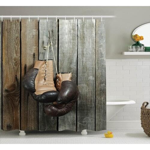 Vintage Decor Shower Curtains Vintage Boxing Gloves On Old Wooden Background Antique Equipment Decorative Photo Bathroom Curtain