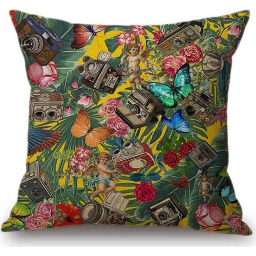 Vintage Floral Pattern Little Angels Classic Sofa Decorative Throw Pillow Cover Creative Butterfly Tropical Leaves Cushion Case