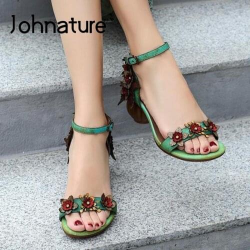 Johnature Retro Sandals Buckle Strap Genuine Leather Women Shoes 2020 New Summer Sewing Casual Flower Handmade Ladies Sandals