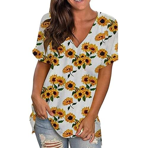 62# Harajuku Woman Tshirts Summer Fashion Sunflower Printed Short Sleeve V-neck Pullover Tops Funny T Shirts Vetement Femme 2021