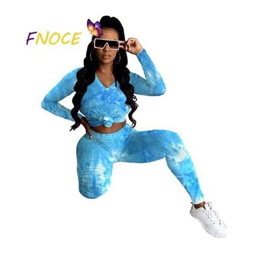 FNOCE Women 2 Pieces Set Ladies Tie Dye Autumn 2021 High Waist Streetwear Slim Womens Clothing Casual Fashion Sportswear Suit