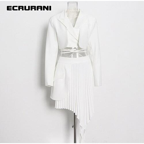 ECRURANI White Casual Two Piece Set For Women Notched Long Sleeve Shirt High Waist Asymmetrical Skirt Solid Sets Female Clothing