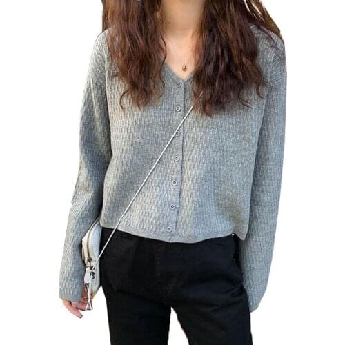 Womens Sweater Spring Autumn Short V-neck Long Sleeve Single-breasted Knitted Sweater Cardigan Lady Girl Solid Color Thin Coat