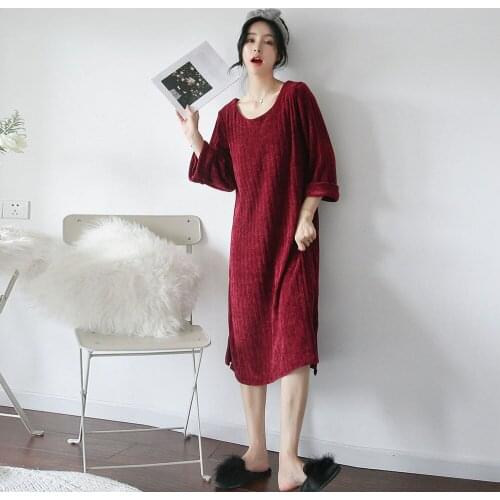 Red Velvet Spring Pajamas Dress O-Neck Long Sleeve Women Sleep Lounge Homewear DZA233