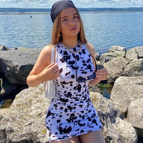 SEASONS Animal Zebra Cow Print Bodycon Mini Dresses Lady Summer Sleeveless Short Dress Women Casual Ruched Drawstring ASDR81247