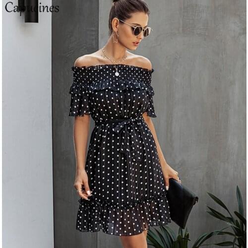 Capucines Sexy Chiffon Off Shoulder Polka Dot Summer Dress Women Short Sleeve Ruffles Sashes Printed Holiday Casual Mini Dresses