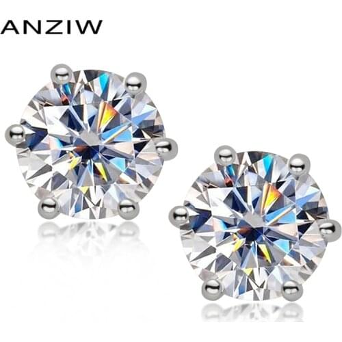 ANZIW 100% moissanite Gemstone 3mm white Gold Stud Earrings for Women Solid 925 Sterling Silver Solitaire Party Fine Jewelry