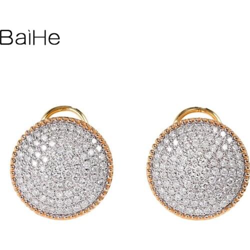 BAIHE Solid 14K White+Rose Gold Fine Jewelry H/SI-SI3 Natural Diamonds Wedding gift Fine Jewelry Round Earrings for Women серьги