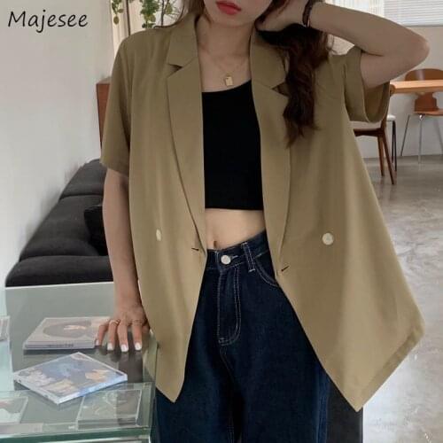 Blazers Women Short Sleeve Loose Vintage Retro Notched Button Korean Style New Designers Modern Mujer Elegant Summer Harajuku
