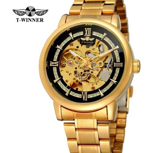 2019 Winner Brand Luxury Gold Watches Men Automatic Mechanical Skeleton Watch Full Steel Wristwatch Male Clock Relogio Masculino