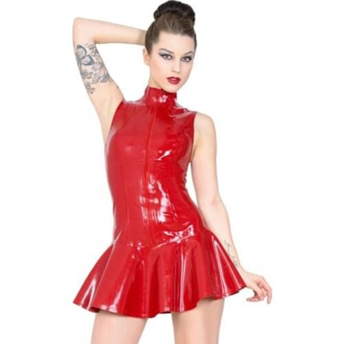 Ladies Sexy Wet Look Faux Latex Leather Bodycon Dress Front Zipper Stand Collar Bottom Flare Mini Dress Pole Dance Clubwear