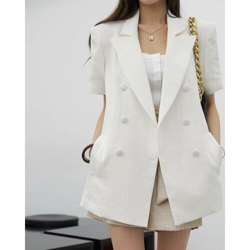 Elegant Cotton Linen Work Blazer Women Summer Short Sleeve Belted Female Suit Jacket Female 2021 Fashion Clothing