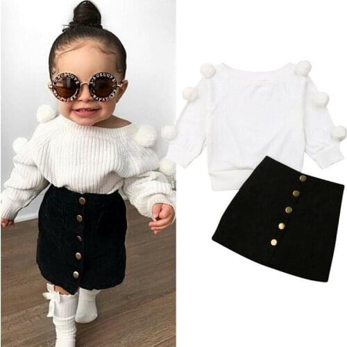 2019 Kids Girls Clothes Set Toddler Children Autumn Outfit Long Sleeve Pom-pom Knitted Top+Button Skirt 2pcs Girls Costume 1-6T