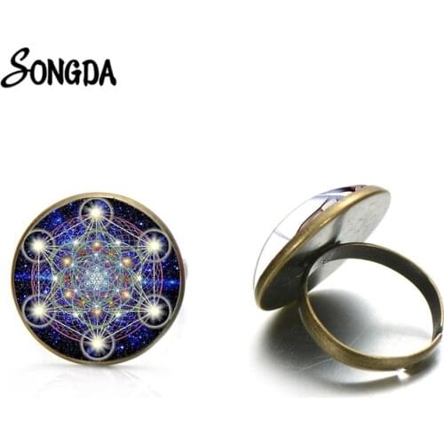 Metatron Cube Divine Geometry Spirit Ring Convex Dome Glass Six-pointed Star Magic Chakra Opening Ring Men Women Jewelry
