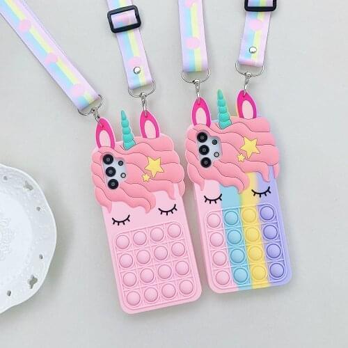 Soft Silicone Unicorn Fidget Toys Push Pop Soft Case With Rope For iPhone 12 11 Pro Max Xs XR 6 7 8Plus Case