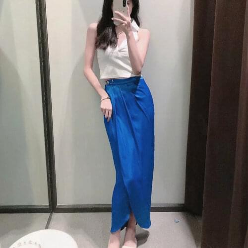 Za New Autumn Vintage Blue Skirt Women High Waist Package Hip Pencilskirt Fold Effect Front Split Skirts
