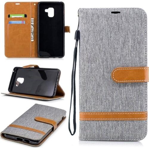 New Cowboy Jean&PU Leather Cases for Samsung Galaxy A8(2018) Kickstand Flip Mobile Phone Case with Wallet Card Holders&Lanyard