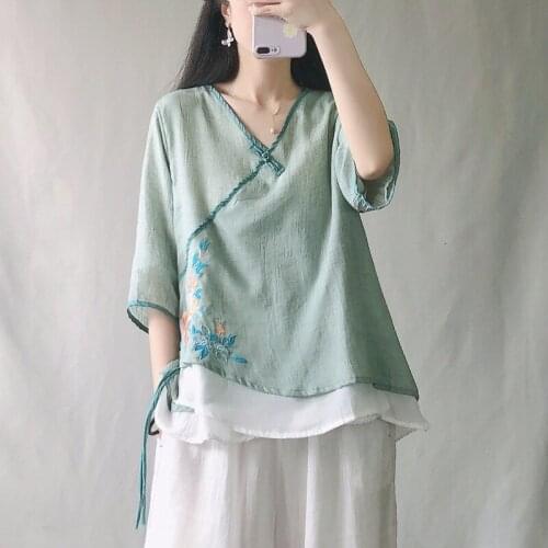 Chinese Style Clothing Women Clothes 2021 Cheongsam Top Chinese Traditional Shirt Blouse Cotton Hanfu Ladies Chinese Tops 31219