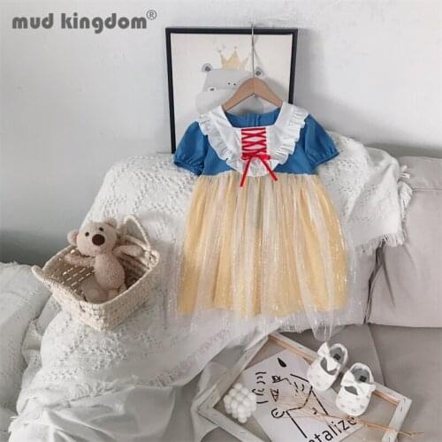 Mudkingdom Snow White Princess Dress for Girls Patchwork Belt Ruffles Puff Sleeve Bow Dresses Children Short Sleeve Cute Clothes