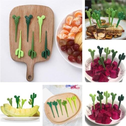 Sturdy 6Pcs/Box Fashion Attractive Green Cactus Fruit Forks Reliable Fruit Toothpicks Attractive for Kitchen