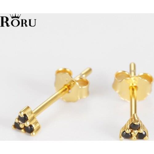 Simple Black Zirconia Stud Earrings 925 Sterling Silver Triangle Geometric Gold Ear Rings for Women Girls Daughter Party Jewelry