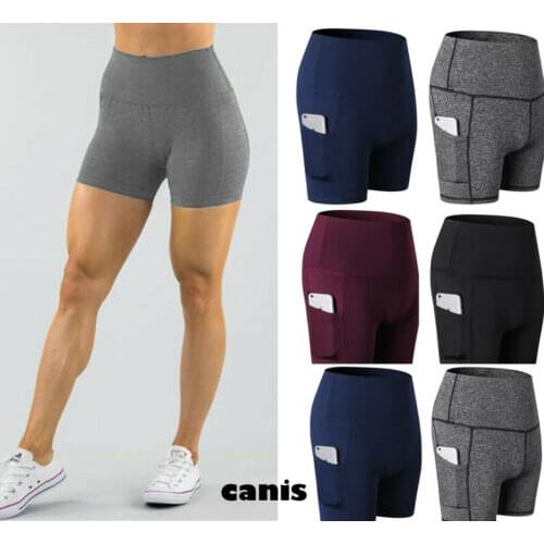 Womens Sports Gym Casual Beach Running Slim Fit High Waist Shorts With Pockets Solid Color Quick Dry Fitness Stretch Hot Pants