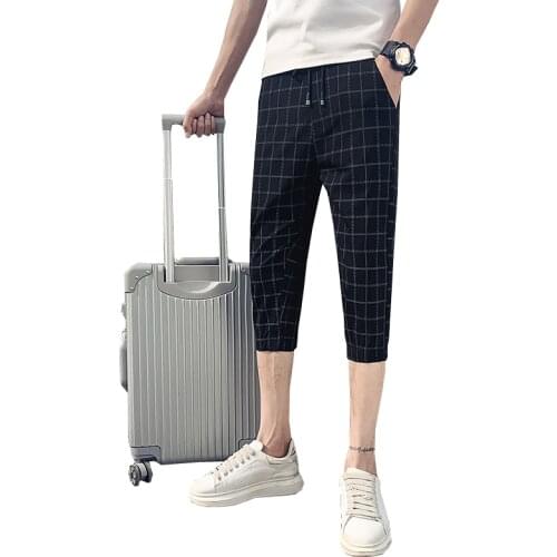 Thin cropped trousers mens stretch slim-fitting casual pants plaid cropped trousers breeches