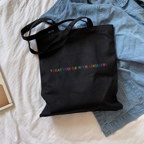 Women Big Capacity Bag Fashion Canvas Treat people with kindness letter Casual Harajuku Women New Fun Vintage Shoulder Bag