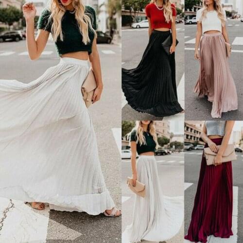 Women Retro Stretch High Waist Skirt Flared Pleated Swing Long Maxi Skirt Skirt Fashion Casual Slim Solid Beachwear Lady Skirts
