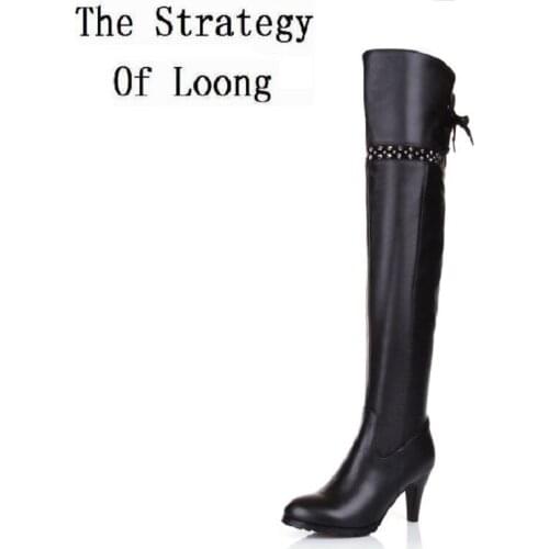 Women Autumn Winter Thin High Heels Lace Up Long Boots Genuine Full Grain Leather Rivets Fashion Over The Knee Boot Size 34-45