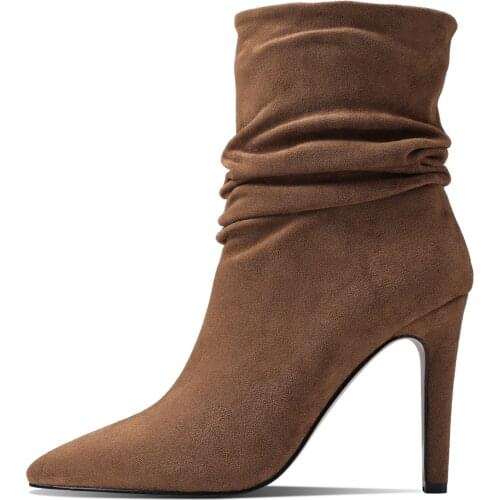 Women Autumn Winter Sexy High Heels Pleated Ankle Boots Lady Black Brown Pointed Toe Boots Fashion Slip On Calf Boots Size 43