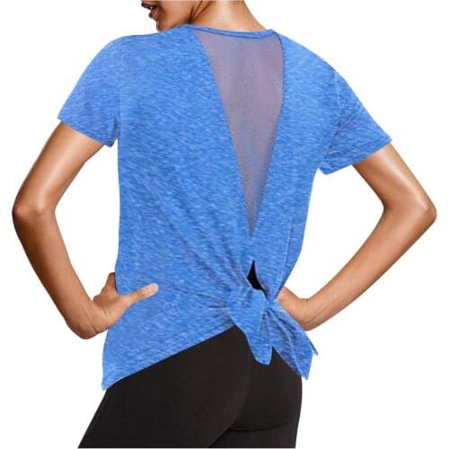 Women Gym Training Yoga Shirts Tie Back Yoga Workout Mesh Short Sleeve Activewear Sports T-Shirts Fitness Running Sportswear