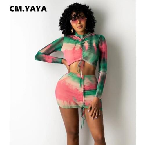 CM.YAYA Women Sexy Set Print Full Sleeve Shirting Crop Tops Mid Waist Elastic Sheath Mini Skirts Two Piece Sets Fashion Outfits