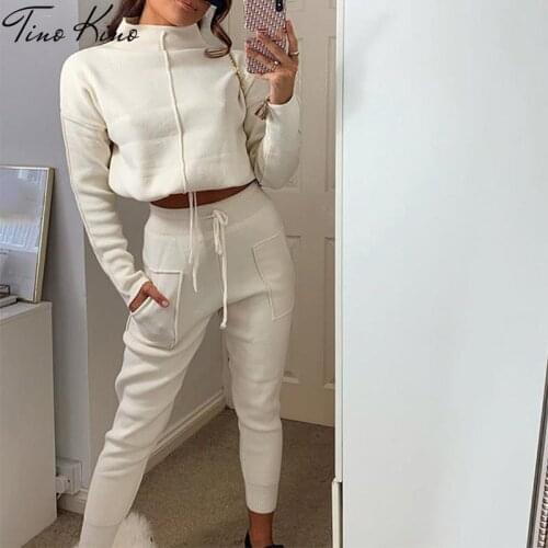 Womens Tracksuit Cropped Sweatshirts Set Patchwork Lace Up Pullover Jogger Sets Female 2021 Autumn Ladies Casual Sportwear Suit