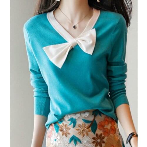 2020 Spring Autumn Sweater Women Knitted Bow Patchwork Office Pullover Sweaters Long Sleeve V Collar Jumper Soft Pull Femme