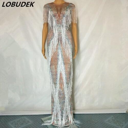 White Fringes Rhinestones Sleeveless Long Dress Women Birthday Evening Performance Crystals Tassels Dress Singer Host Costume