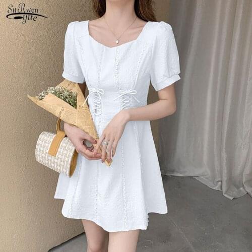 Summer Robes Elegant Fashion Square Collar Woman Dress Vintage A Line Puff Sleeve Mini Dress Women Bandage Party Dresses 14890