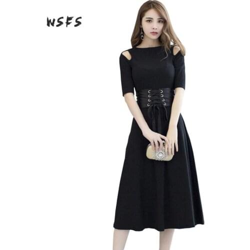 Wsfs Autumn Black Lace Up Dress Women Oneck Pu Belt Long Sleeve Off Shoulder Sexy Party Bandage Dresses Vestidos De Festa M