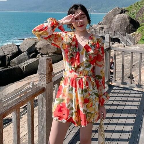 New arrival fashion spring mini dress women OL temperament elegant sweet floral print chiffon ruffle belt holiday beach dress