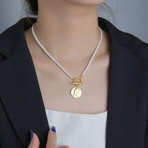 Fashion Vintage Wedding Pearl Choker Necklace For Women Geometric Heart Coin Lock Pendant Necklaces Jewelry collier de perles