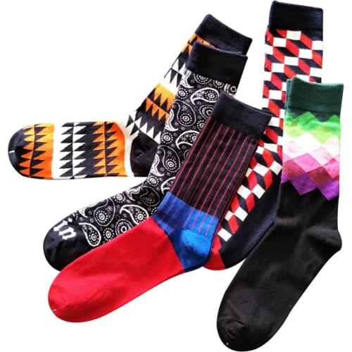 5 Pairs/lot Mens Funny Colorful Combed Cotton Socks Red Argyle Dozen Pack Casual Happy Socks Dress Wedding Socks Male Meias Sox