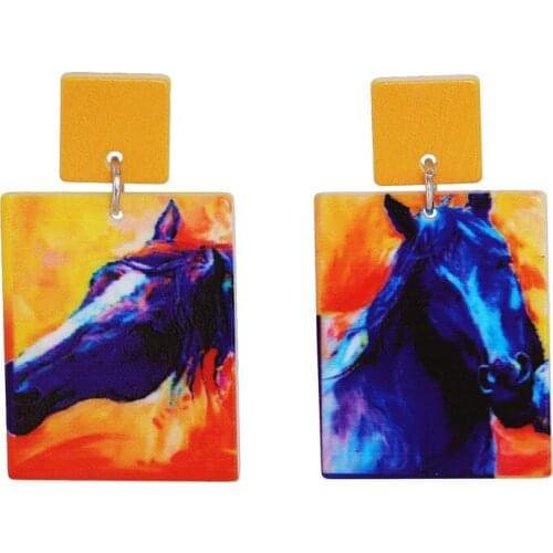 Abstract Horse Printed Geometric Earrings for Women Fashion Contrasted Color Resin Arcylic Animal Square Big Dangle Earrings