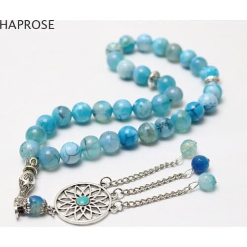 HAPROSE 100% Natural blue Agate 10mm beads Islamischen 33 Muslimischen Gebetskette Tasbih Misbaha Tasbeeh Sibha Tespih Ramadan